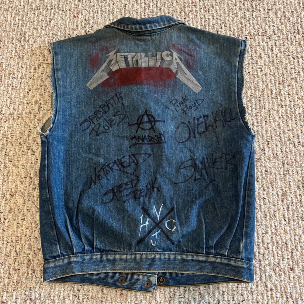Vintage 80s Tammy Denim Battle Vest Metallica Hand Painted Metal Rock Cut Off UK